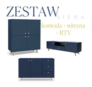 ZESTAW mebli do salonu komoda, witryna, RTV SIENA ciemny błękit